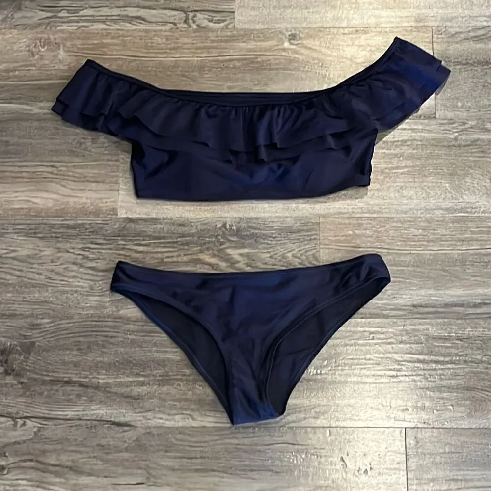 Cupshe Navy Blue Off‎ The Shoulder 2 Piece Bikini Swimsuit Medium